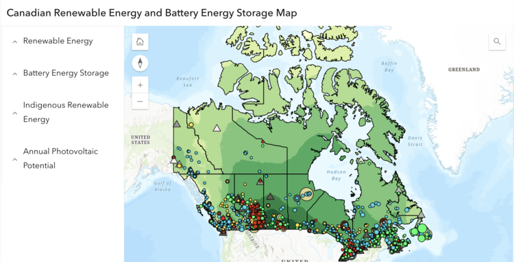 Screenshot of the Canadian Renewable Energy &amp; Battery Energy Storage Map