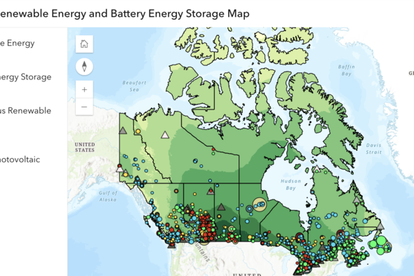 Screenshot of the Canadian Renewable Energy & Battery Energy Storage Map